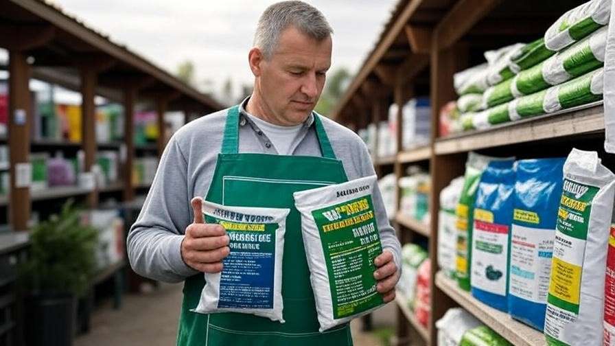 A person examining different bags of fertilizer in a garden center, with labels showing the NPK ratios