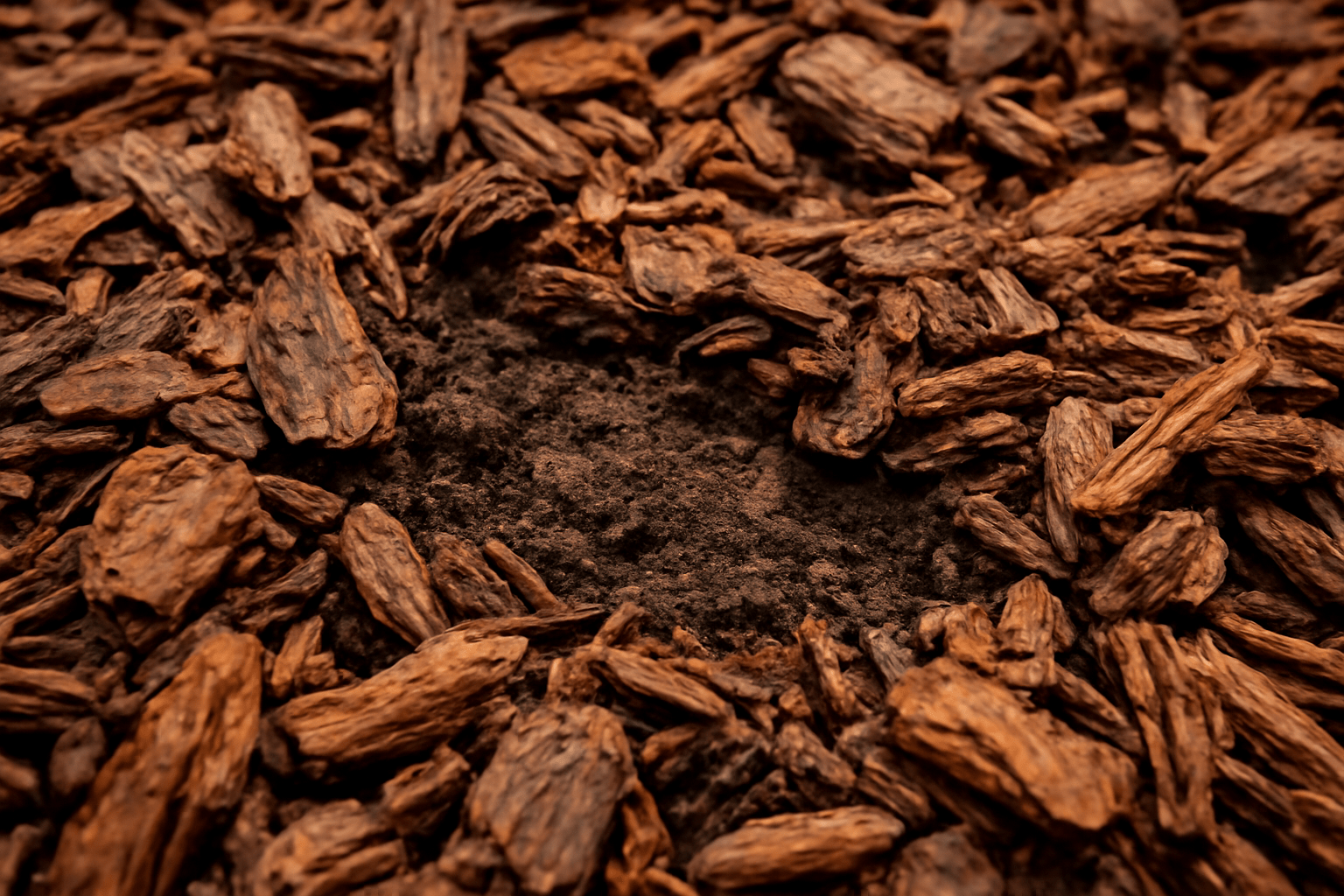 A close-up of pine bark mulch that has started decomposing, showing compacted areas in the mulch layer. The soil underneath looks slightly exposed, with a visual of what happens when mulch breaks down too quickly