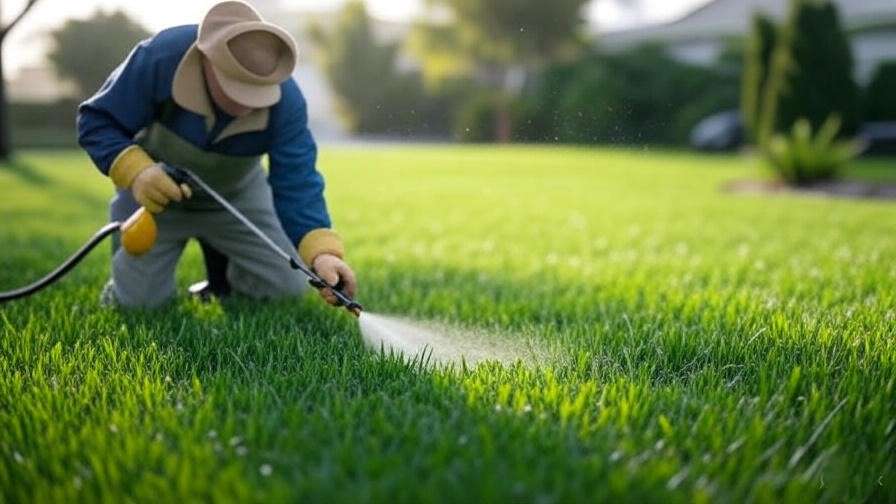  A close-up of some common lawn pests like grubs, chinch bugs, and ants. It can show these insects on grass blades, with emphasis on the damage they cause (e.g., yellowing or brown patches on grass).