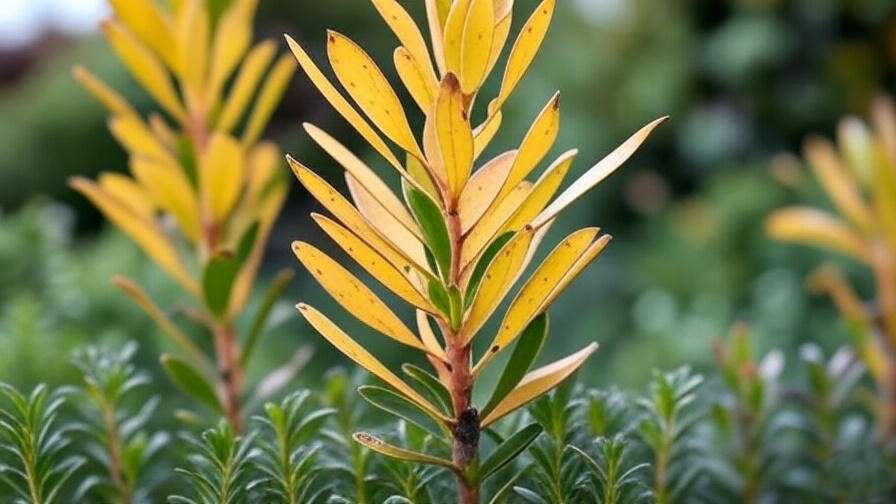  A close-up of a Leucadendron with yellowing leaves, showing possible signs of overwatering or nutrient deficiency.