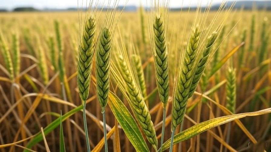 A wheat field showing visible signs of pest infestation or yellowing leaves.