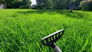A vibrant, lush green lawn stretches across the image, with a garden rake placed in the foreground, suggesting lawn care and maintenance.