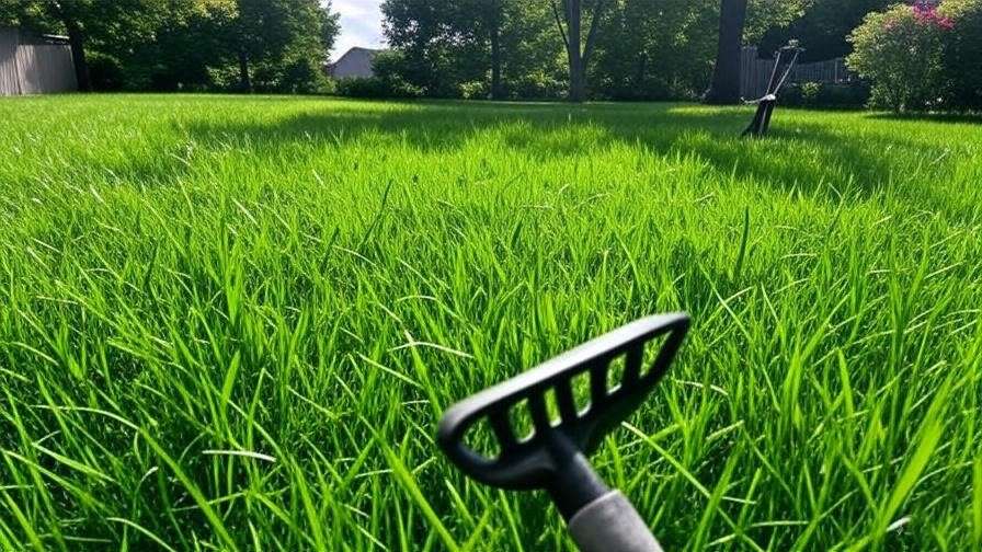 A vibrant, lush green lawn stretches across the image, with a garden rake placed in the foreground, suggesting lawn care and maintenance.