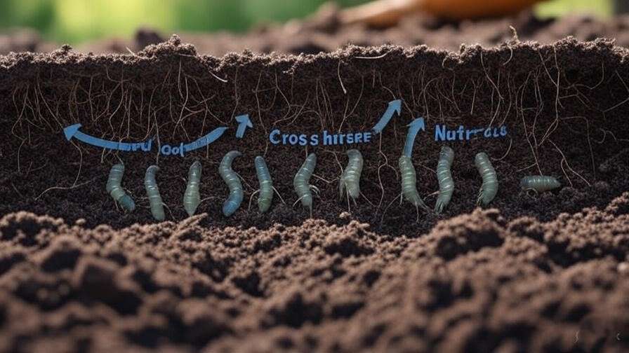 Cross-section of soil showing lawn shrimp creating tunnels, with arrows indicating air, water, and nutrients moving into the soil.