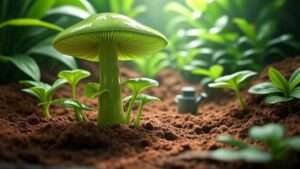 A vibrant mushroom plant with glossy green leaves and a distinctive cap, growing in rich soil surrounded by lush greenery in a tropical setting.
