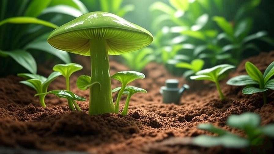 A vibrant mushroom plant with glossy green leaves and a distinctive cap, growing in rich soil surrounded by lush greenery in a tropical setting.