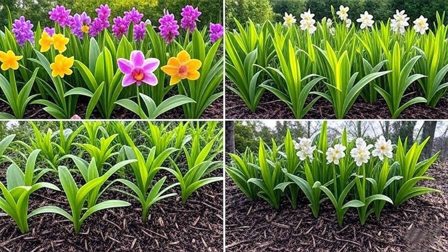 A seasonal illustration or a split-image showing how ground orchids look in different seasons (spring with blooming flowers, summer with healthy growth, fall with dormancy, and winter protection).