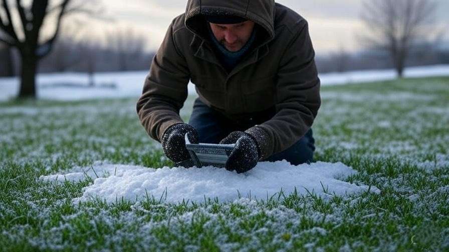 A person using a broadcast spreader to evenly apply fertilizer on the lawn with snow lightly covering it.
