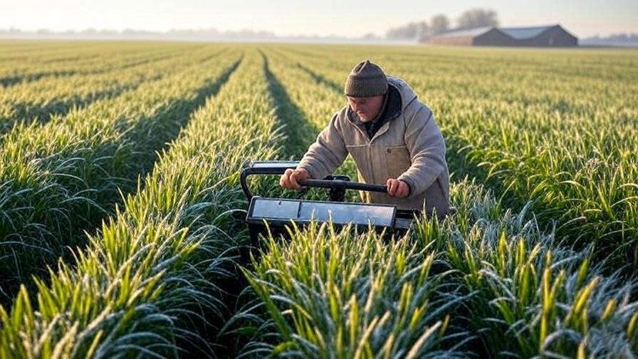 A vibrant field of winter wheat under a clear winter sky, with a farmer planting seeds using modern equipment, surrounded by light snow and frost, featured as an image for an article titled "Winter Wheat Seed: The Ultimate Guide to Choosing, Planting, and Growing for Maximum Yield."