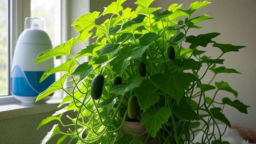 A healthy, thriving pickle plant with vibrant green leaves and small fruits, placed in an aesthetically pleasing garden or indoor setting with ideal temperature and humidity.