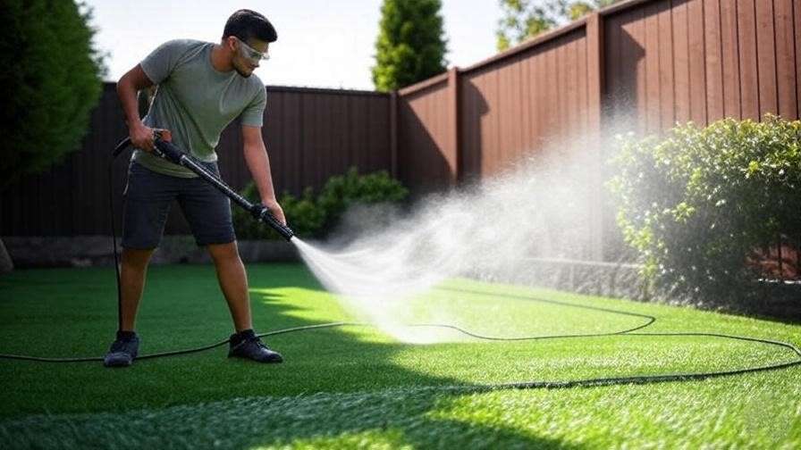 A person using a power washer to clean artificial turf, demonstrating the correct low-pressure technique.