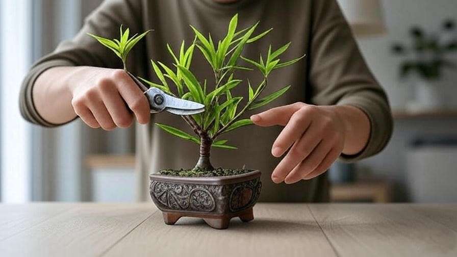 A photo showing someone carefully pruning and shaping a bonsai bamboo plant with proper tools.