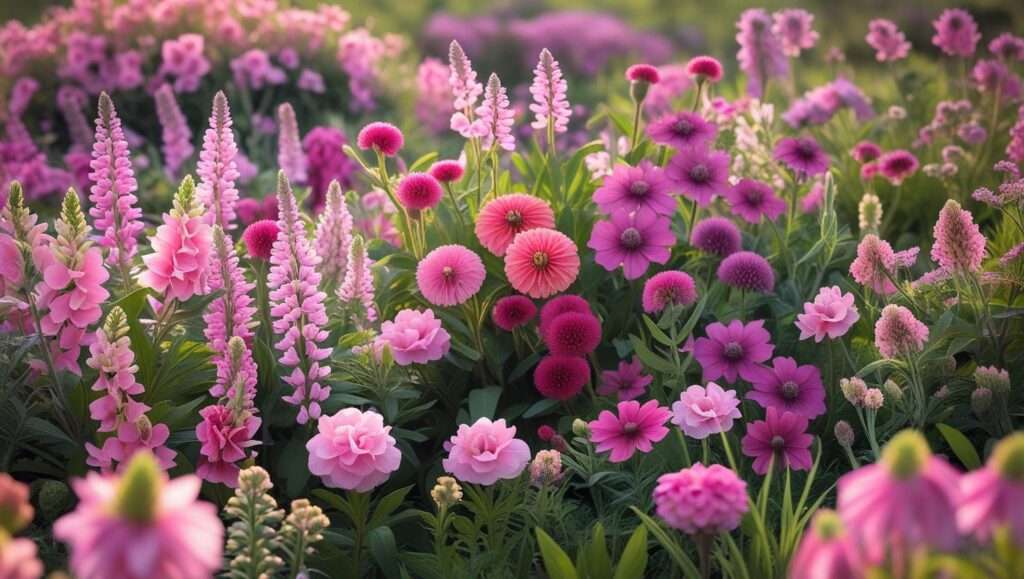 A beautiful garden filled with vibrant pink wildflowers like Wild Bergamot, Pink Zinnia, and Pink Lupine in full bloom under the sunlight.