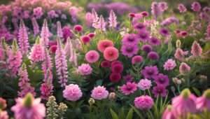 A beautiful garden filled with vibrant pink wildflowers like Wild Bergamot, Pink Zinnia, and Pink Lupine in full bloom under the sunlight.