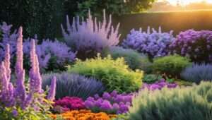 Vibrant garden with various purple-flowering shrubs like lavender, lilac, and wisteria, creating a beautiful landscape
