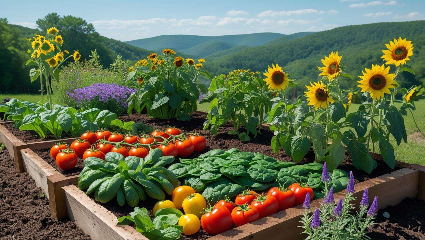 Raised bed garden in Pennsylvania with healthy vegetables like tomatoes, spinach, and peppers growing in a well-maintained garden under clear skies