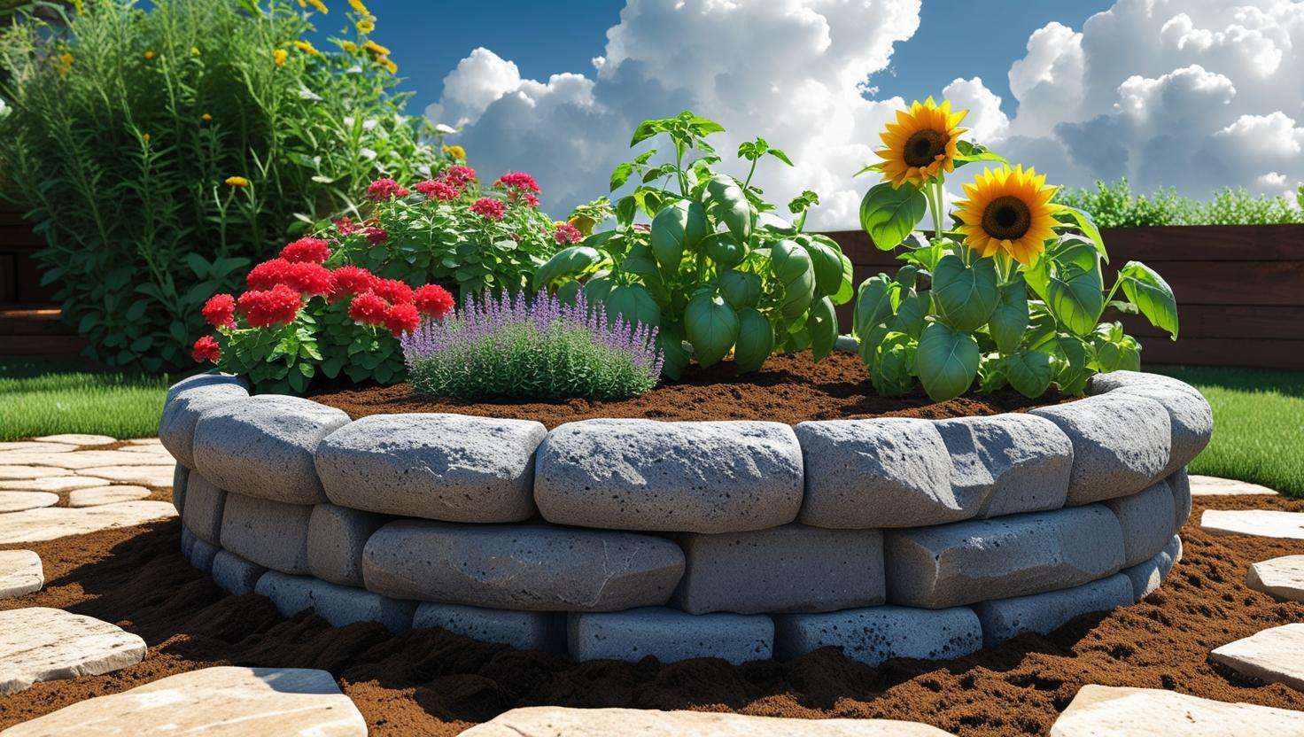 Healthy raised circular garden bed in a backyard filled with vibrant plants, showcasing improved drainage, soil aeration, and easy access.