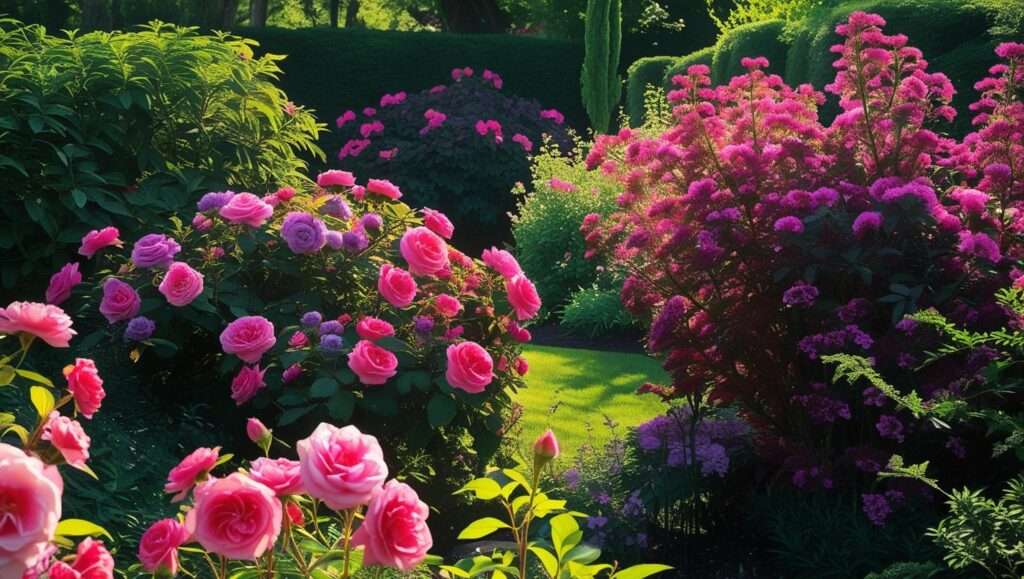 Vibrant flowering shrubs like Rose of Sharon and Butterfly Bush in full bloom under bright sunlight in a sunny garden