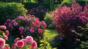 Vibrant flowering shrubs like Rose of Sharon and Butterfly Bush in full bloom under bright sunlight in a sunny garden