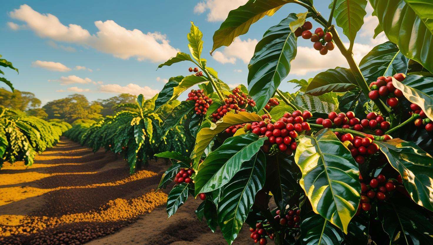 Thriving coffee farm with healthy plants and clear skies, symbolizing the future of sustainable coffee practices.