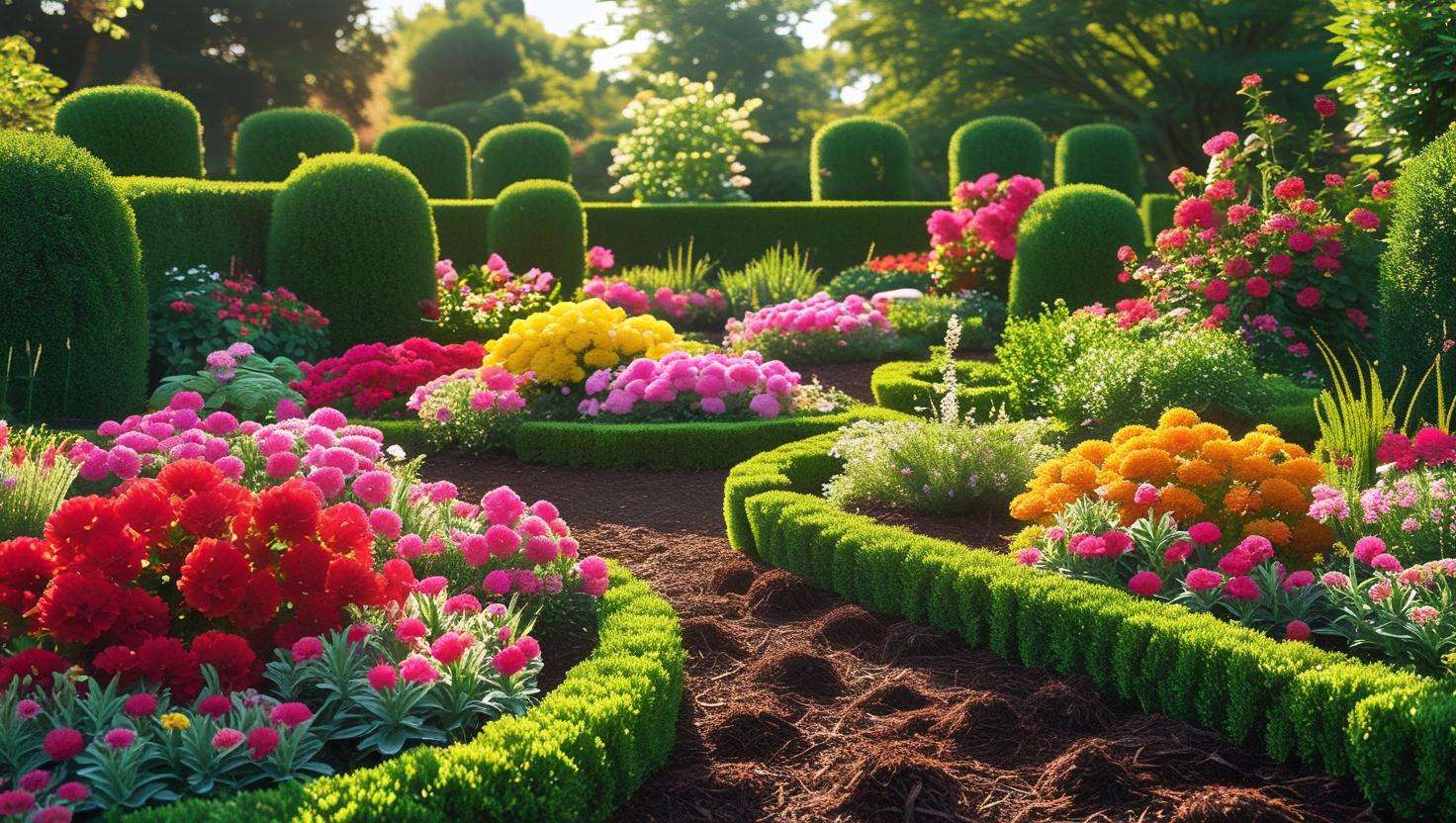 Vibrant garden showing blooming flowers, trimmed bushes, and fresh mulch with bright, inviting atmosphere, reflecting the benefits of regular gardening maintenance throughout the year.