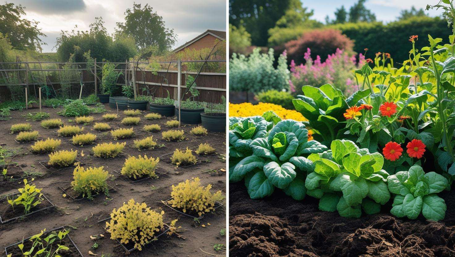 Before and after garden transformation showing weak plants turning into vibrant, healthy growth with the use of Natures Garden Fertiliser