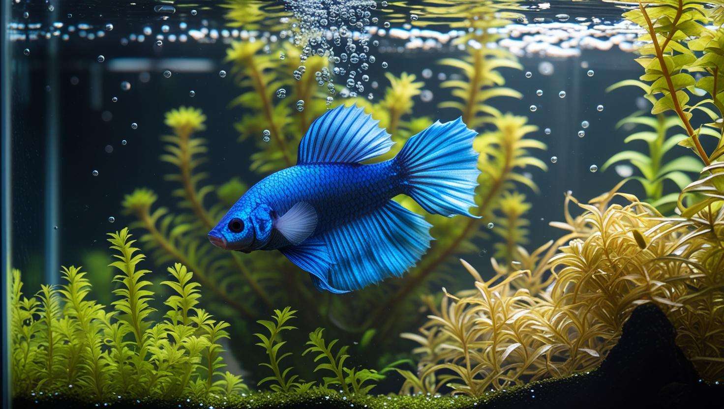 An image showing a betta fish swimming in a tank with healthy plants, with a focus on water quality and stress reduction. The plants should appear lush, oxygenating the tank with vibrant greenery.