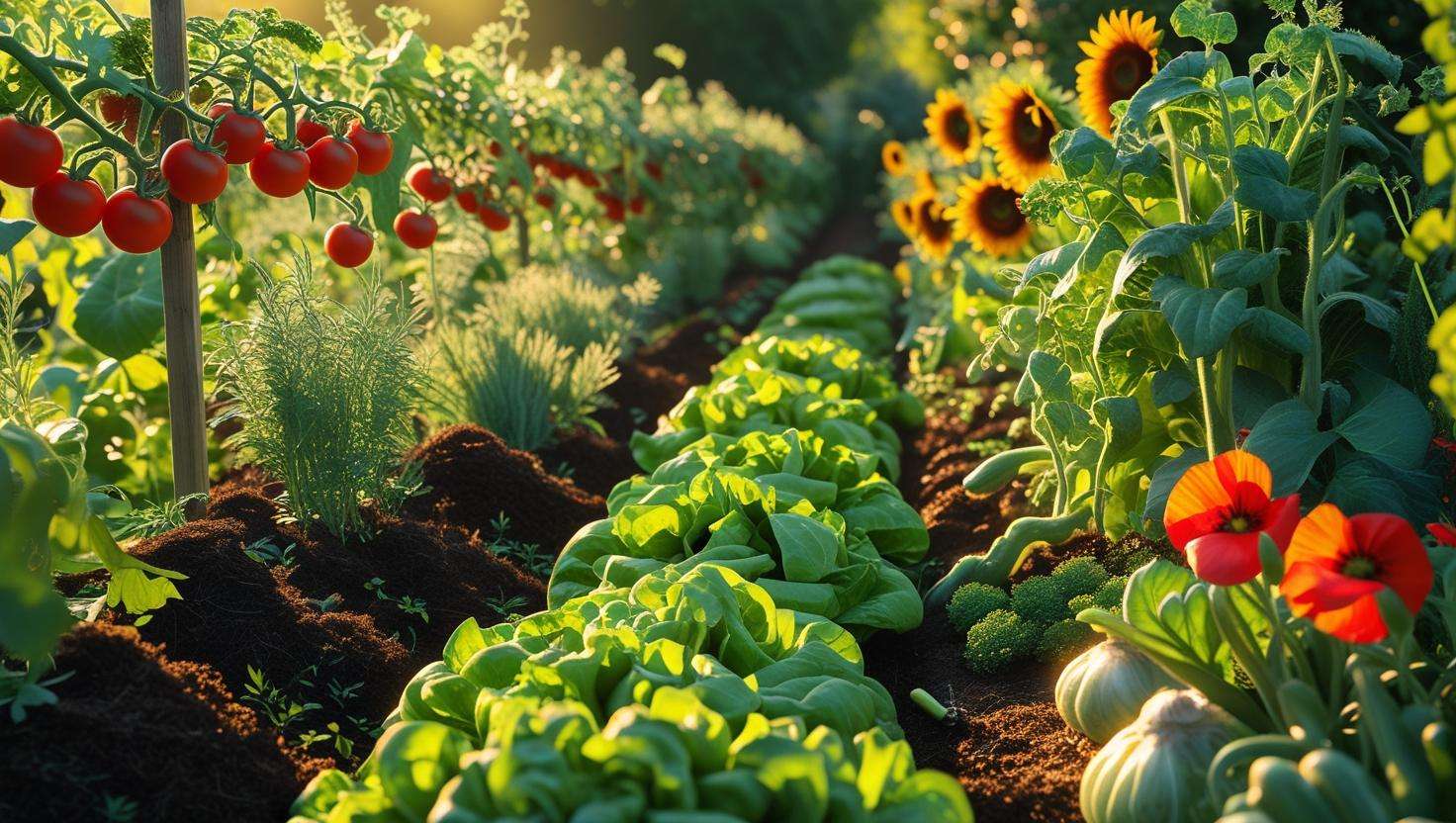  A healthy, thriving garden with the sun shining brightly, emphasizing the reward of composting