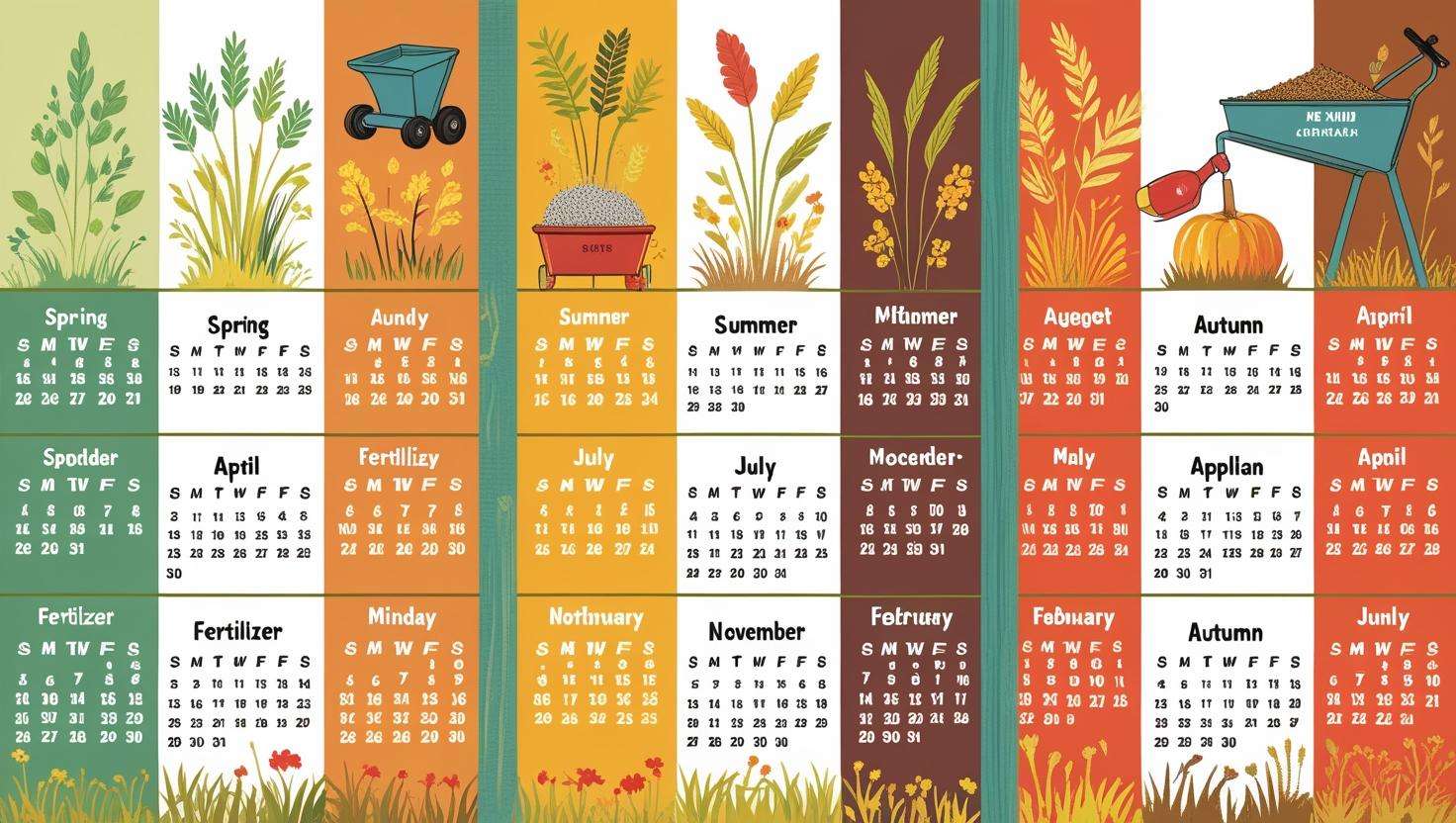 A calendar with key seasons highlighted (spring, summer, fall) and fertilizer applications marked on specific dates.