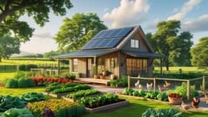 Eco-friendly small farm home with solar panels, surrounded by farmland and a vegetable garden, showcasing a rustic yet modern design
