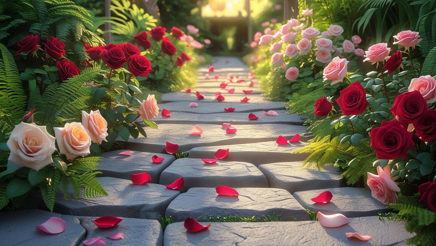 Garden path lined with blooming rose landscape uses on both sides, leading through a fragrant and colorful rose-scented walkway with scattered petals