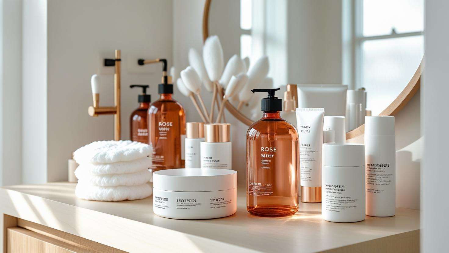 Skincare vanity featuring organic rose water bottles, cotton pads, and beauty essentials for a daily skincare routine