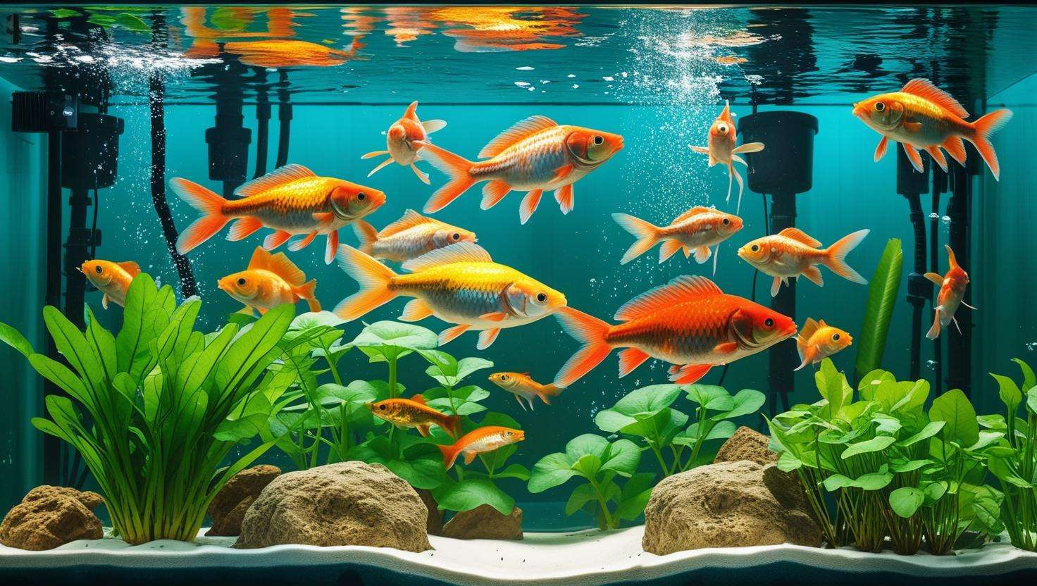  A clean and engaging image of fish like tilapia, goldfish, and catfish in their respective aquaponics setups.