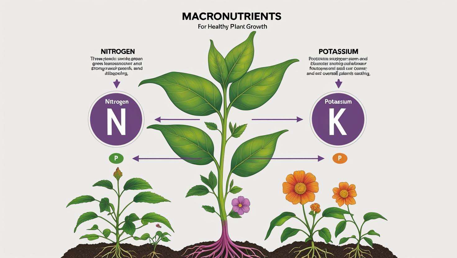 A diagram or chart showing the role of nitrogen, phosphorus, and potassium in plant growth. A diagram or chart showing the role of nitrogen, phosphorus, and potassium in plant growth. 