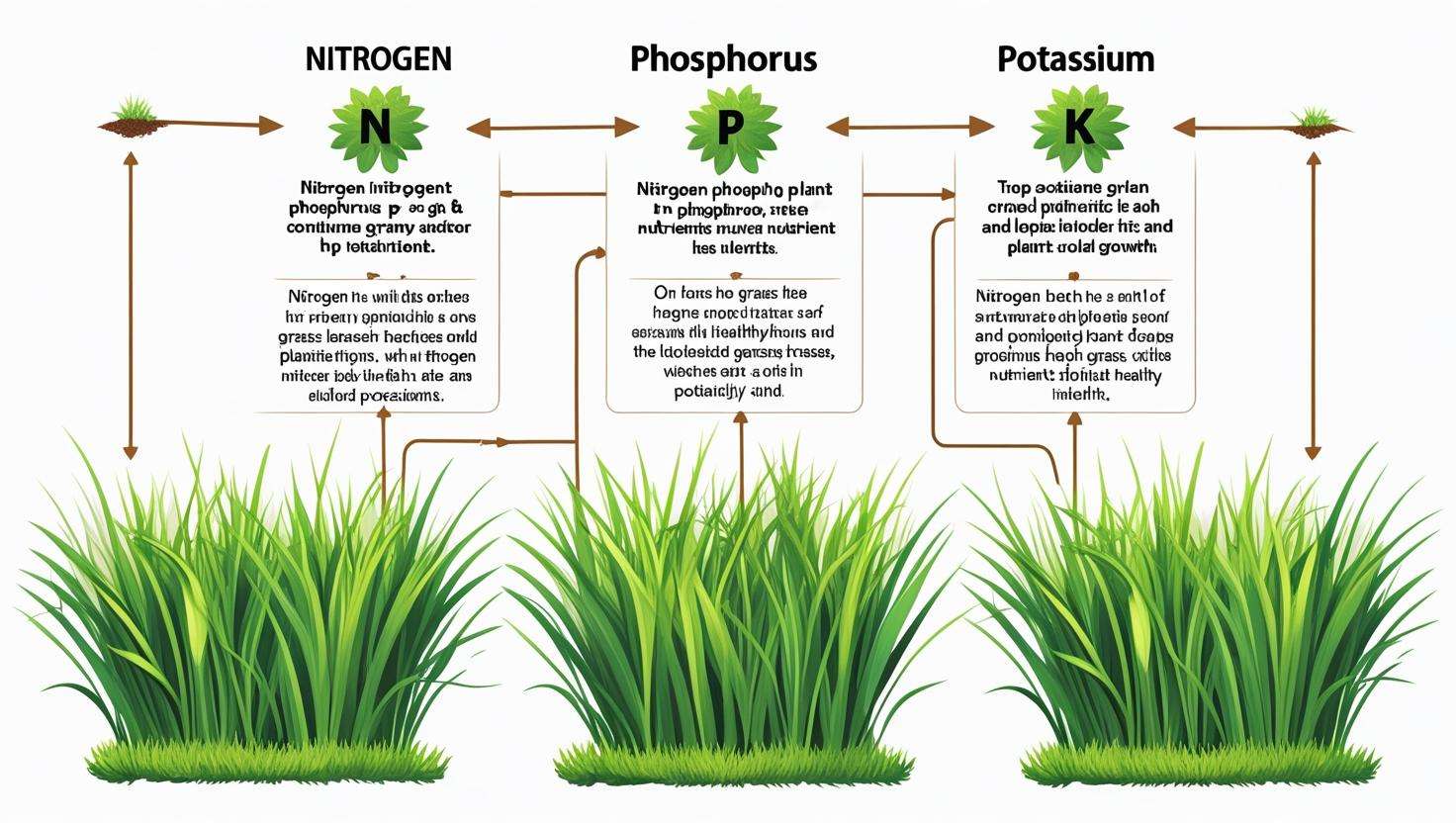  A diagram or visual showing the three primary nutrients for grass: nitrogen, phosphorus, and potassium, with their symbols (N, P, K) and benefits listed next to grass plants.