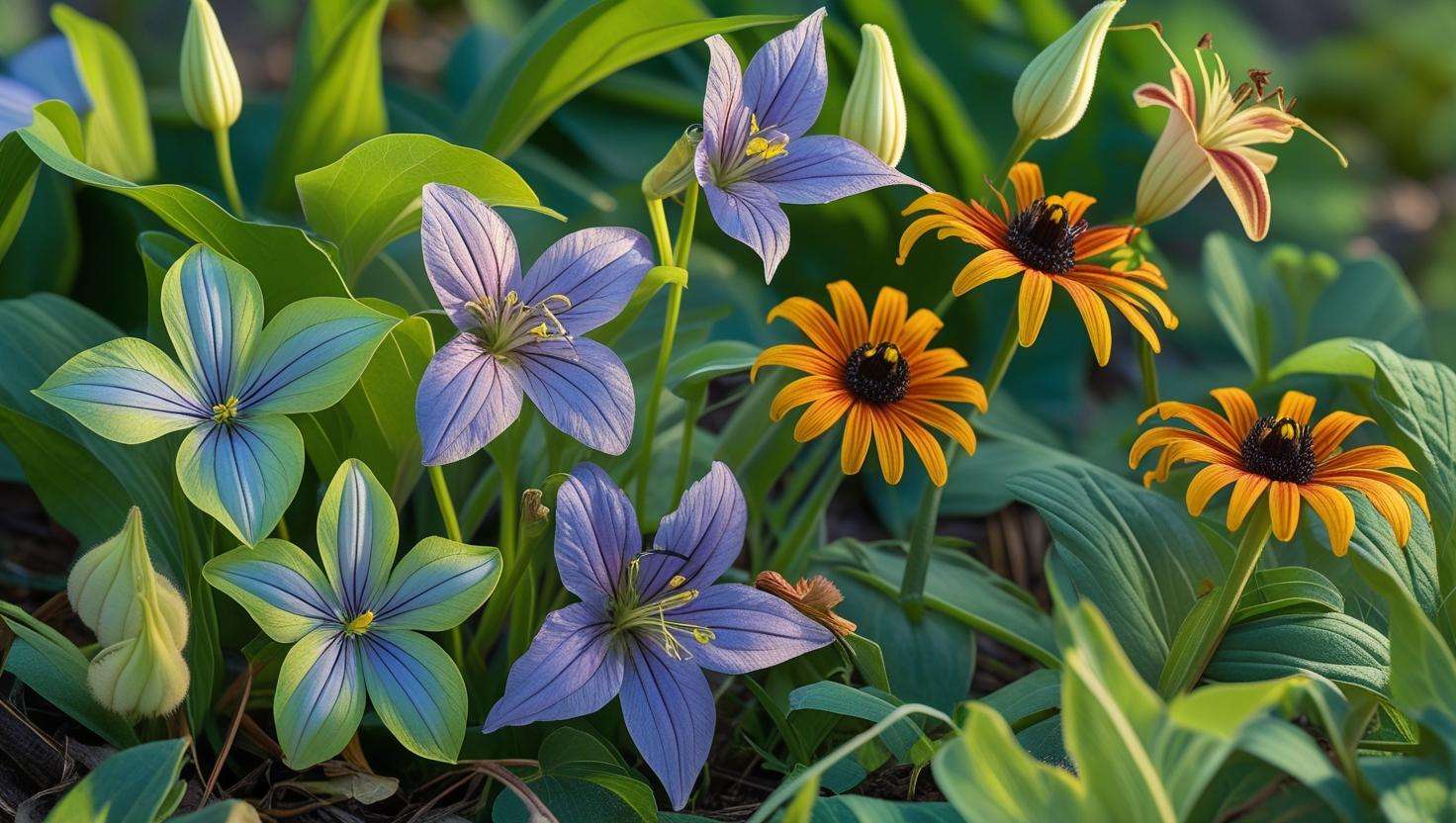 Close-up of Michigan’s common wildflowers including trillium, wild columbine, black-eyed Susan, and Michigan lily in their natural habitat.