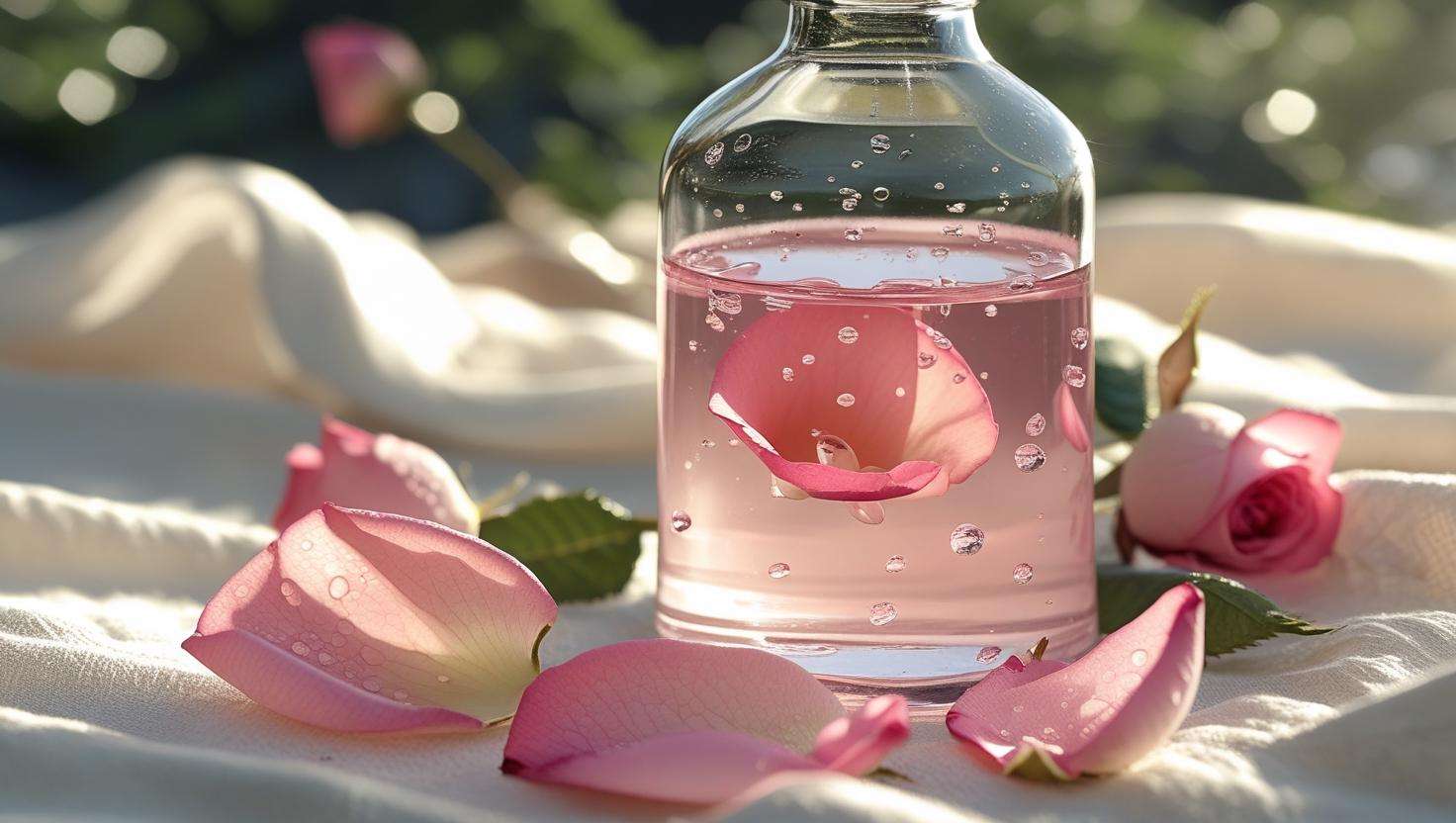 Organic rose water bottle with fresh rose petals, symbolizing natural beauty and purity