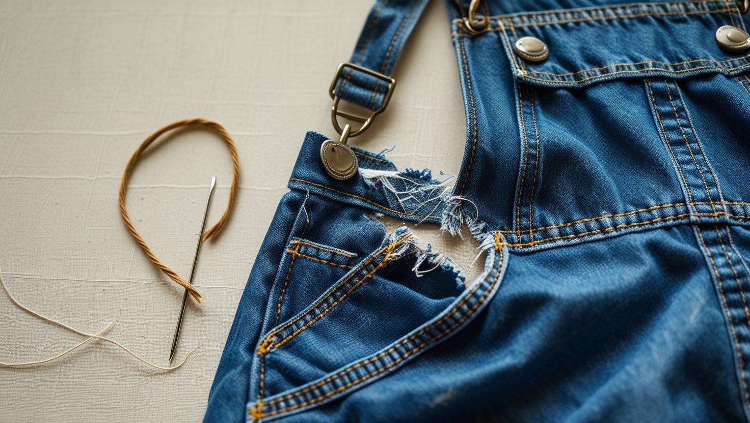 Close-up of worn-out gardening overalls with visible tear and frayed stitching, with a needle and thread nearby, demonstrating how to repair them