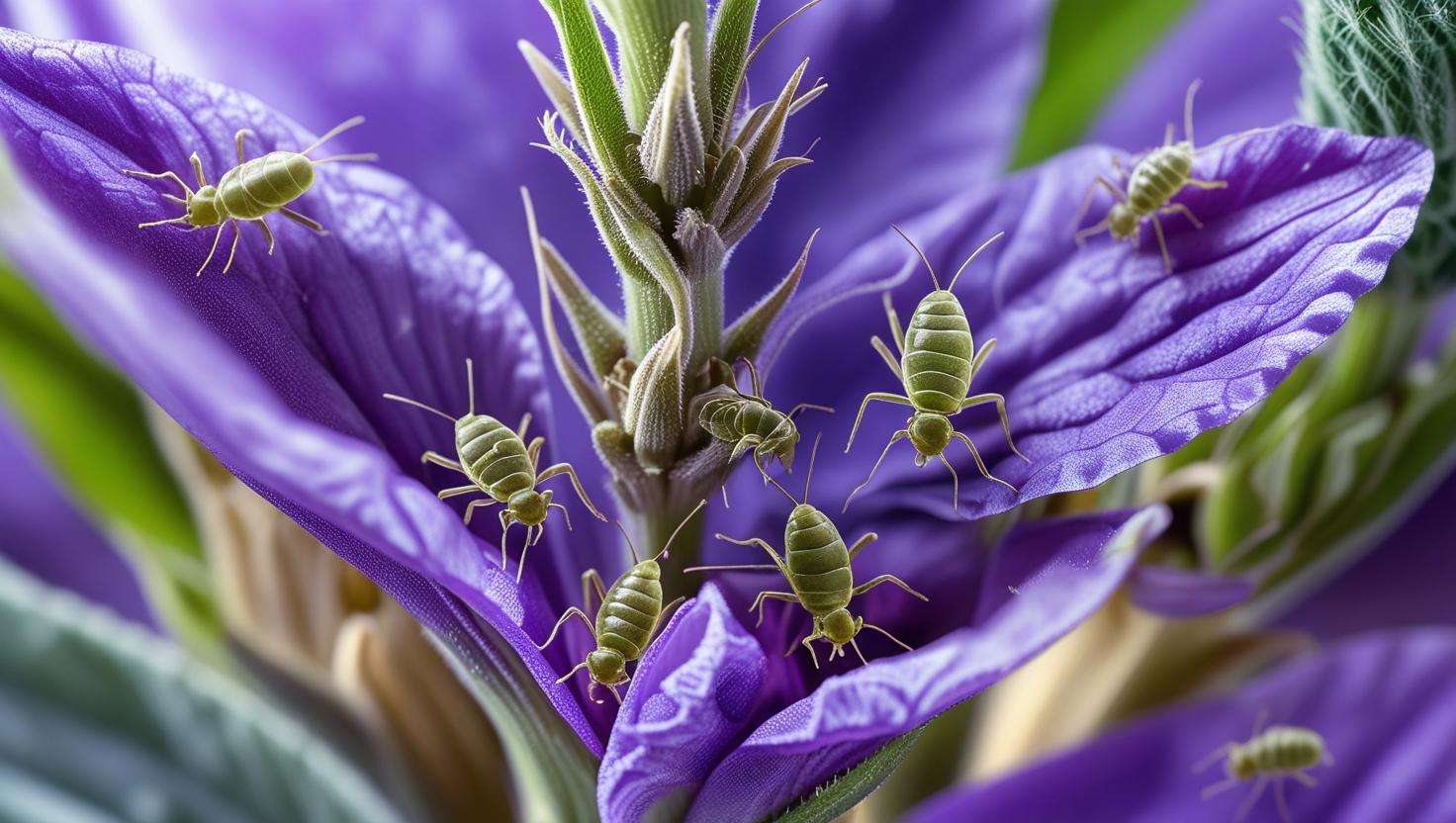 Close-up of aphids on the leaves of purple wildflowers, illustrating common pest issues in a garden.