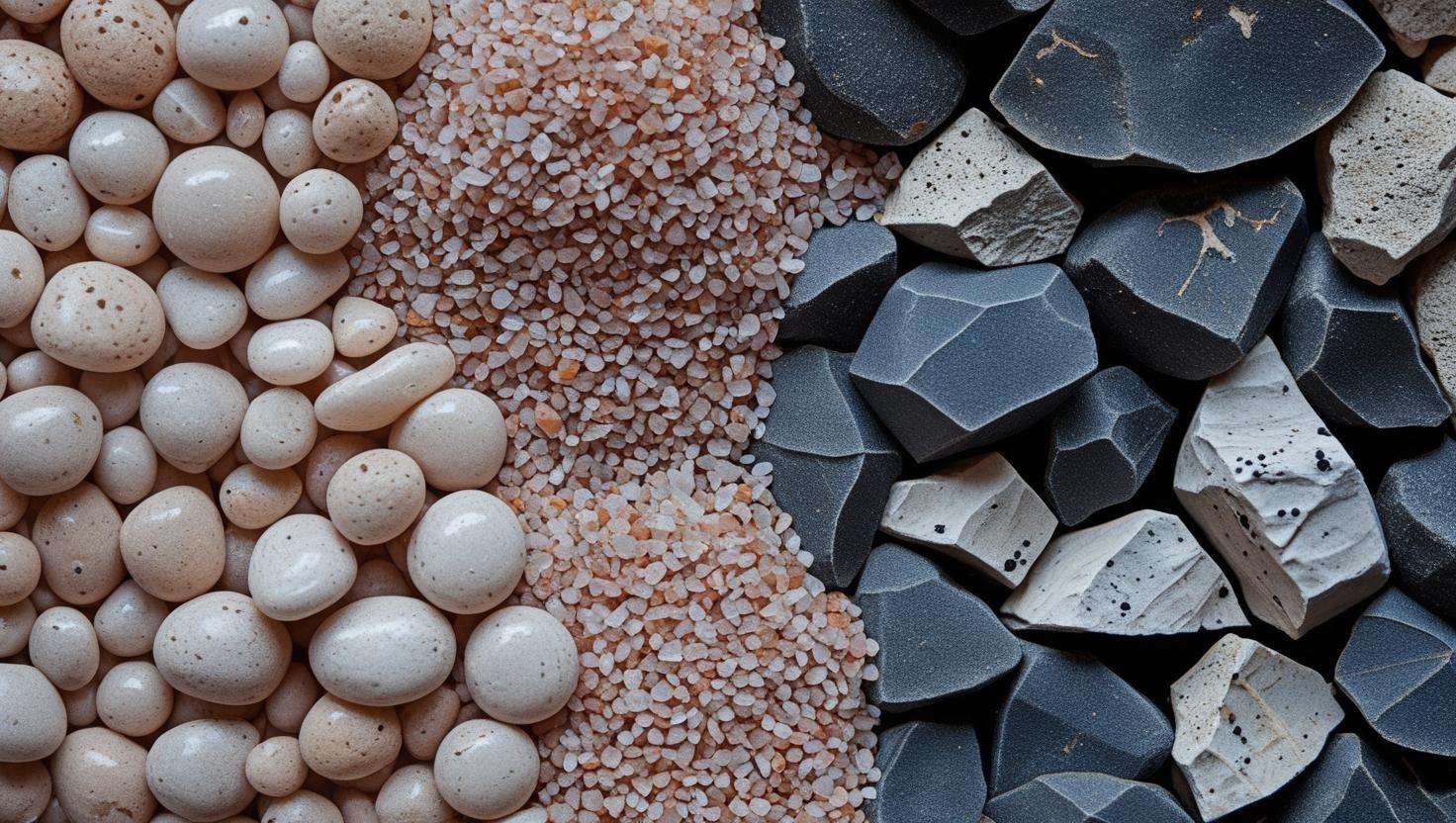 An image that illustrates the texture and size of different gravels. There should be a close-up shot of gravel grains (1-3mm, rounded vs sharp) to highlight the right texture for plant growth.