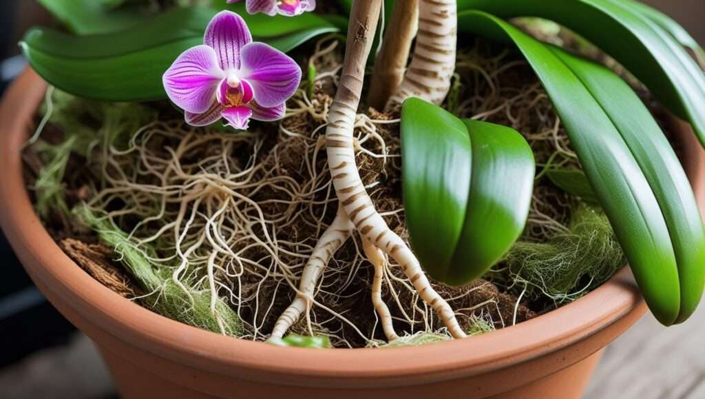 Close-up of a healthy orchid plant with visible roots in a well-drained potting medium, showing vibrant roots and fresh bark mix or sphagnum moss