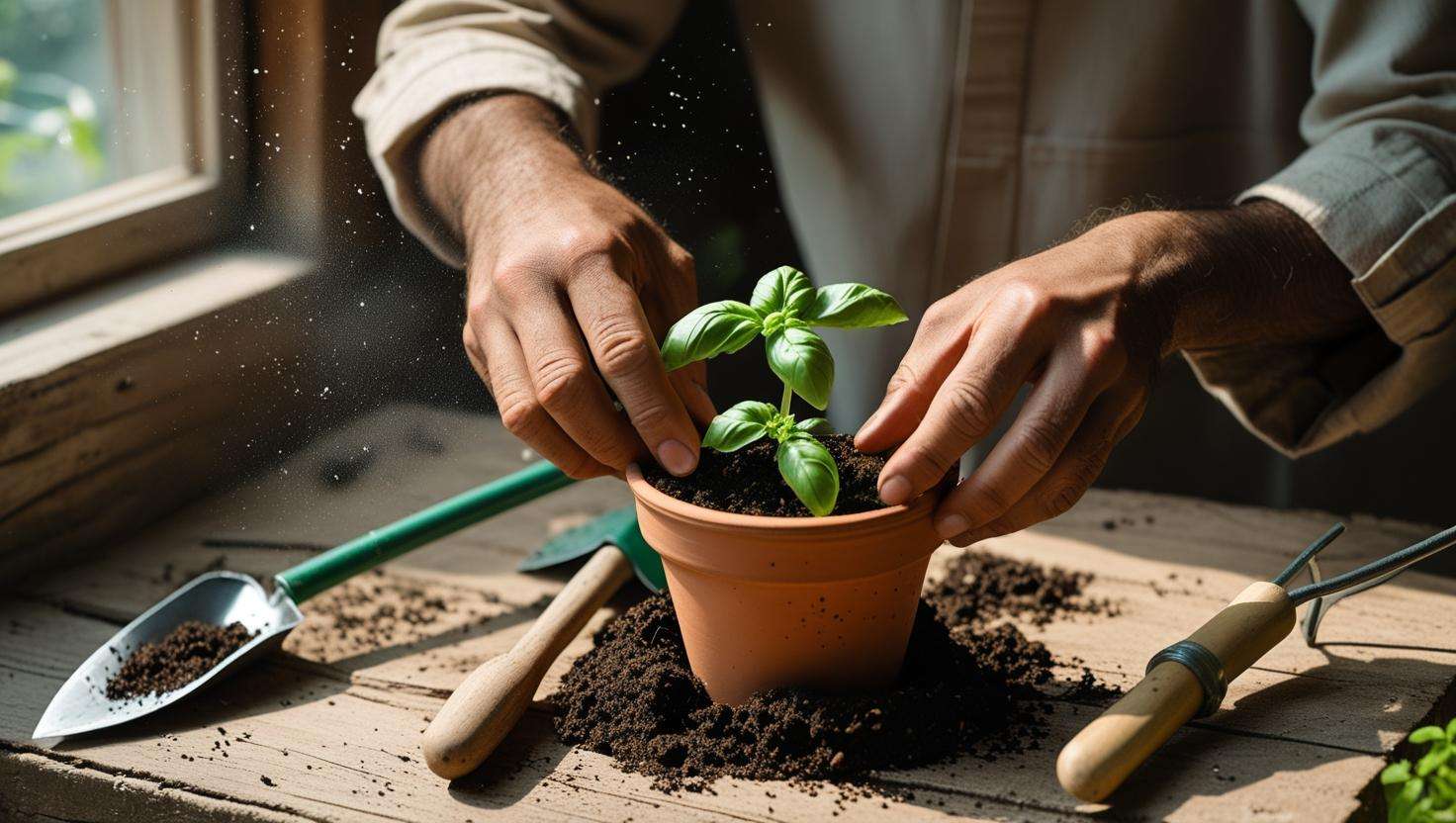 Close-up of hands planting basil seeds into a pot with rich soil, starting an indoor herb natural green garden on a sunny windowsill