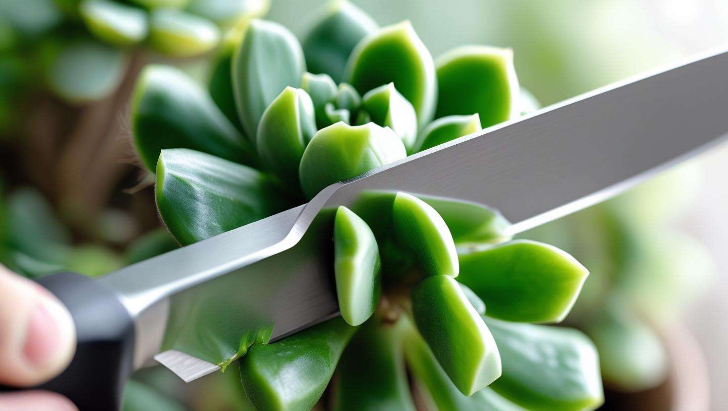 Close-up of a sharp gardening knife cutting through plant stem for precise garden work