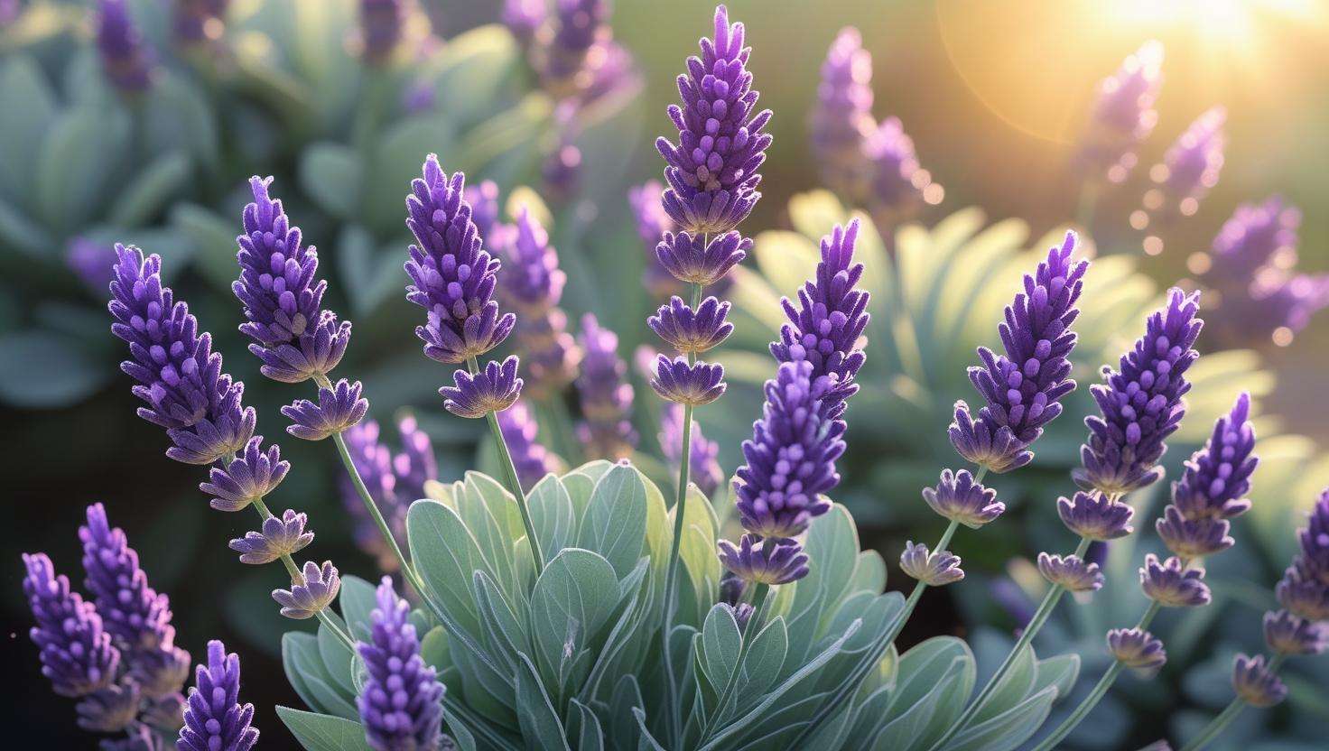Close-up view of blooming lavender shrub with vibrant purple flowers and green foliage under soft sunlight