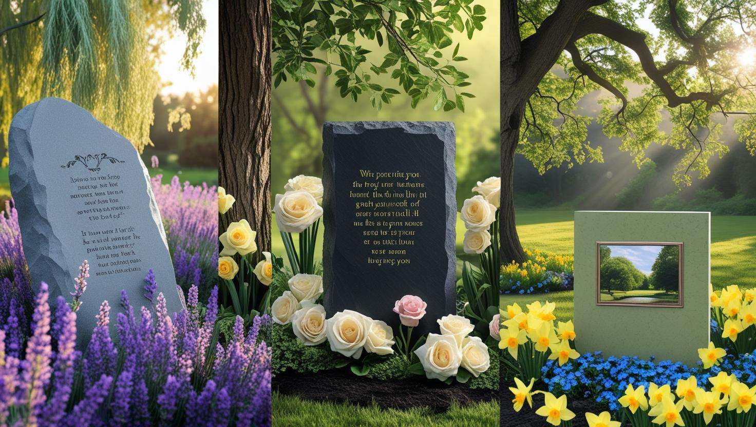 Collage of different types of memorial stones for gardens, including granite, slate, photo memorial, heart-shaped, and nature-themed designs, placed in serene garden settings.