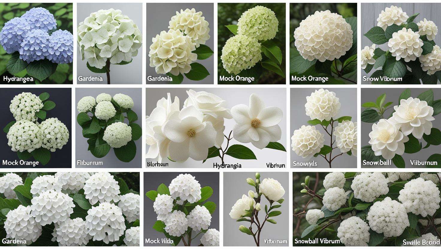 Collage of 10 white flowering shrubs in full bloom, including Hydrangea, Gardenia, Mock Orange, and Snowball Viburnum, highlighting each plant's unique beauty
