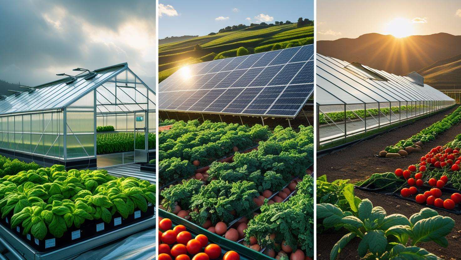 A collage or side-by-side comparison of different real-world greenhouses using solar panels in locations like the Netherlands, California, and Africa.