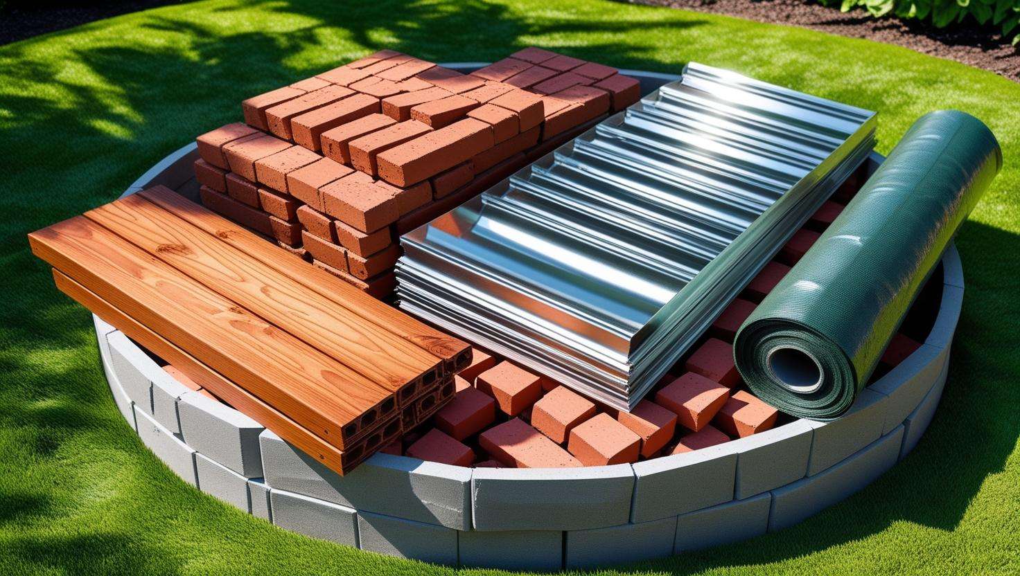 Variety of materials for building raised circular garden beds including treated wood, bricks, galvanized steel, and landscaping fabric