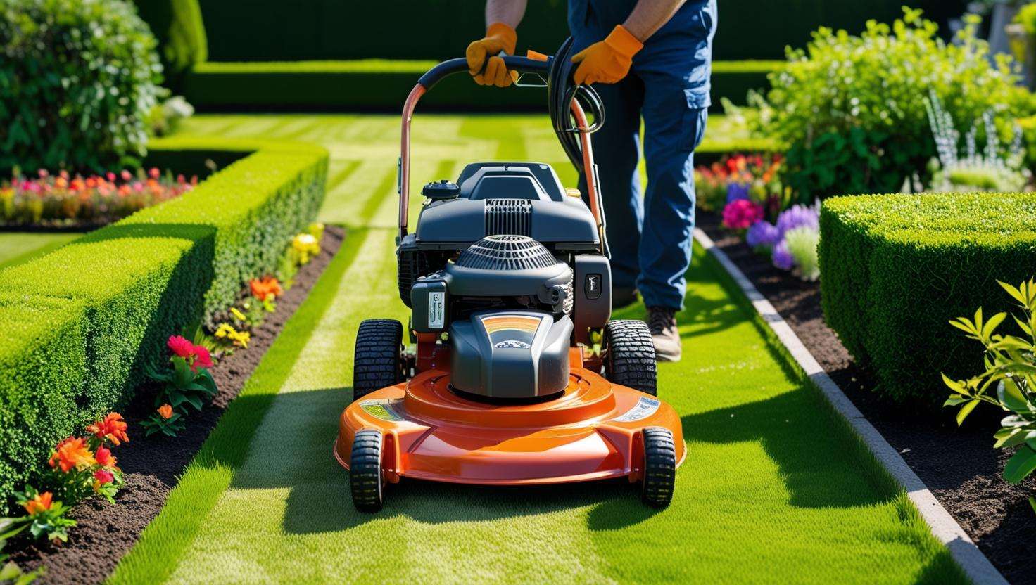 Professional gardening tools such as commercial lawn mower, pruning shears, and leaf blower, arranged neatly in a professional garden setting with a gardener using them