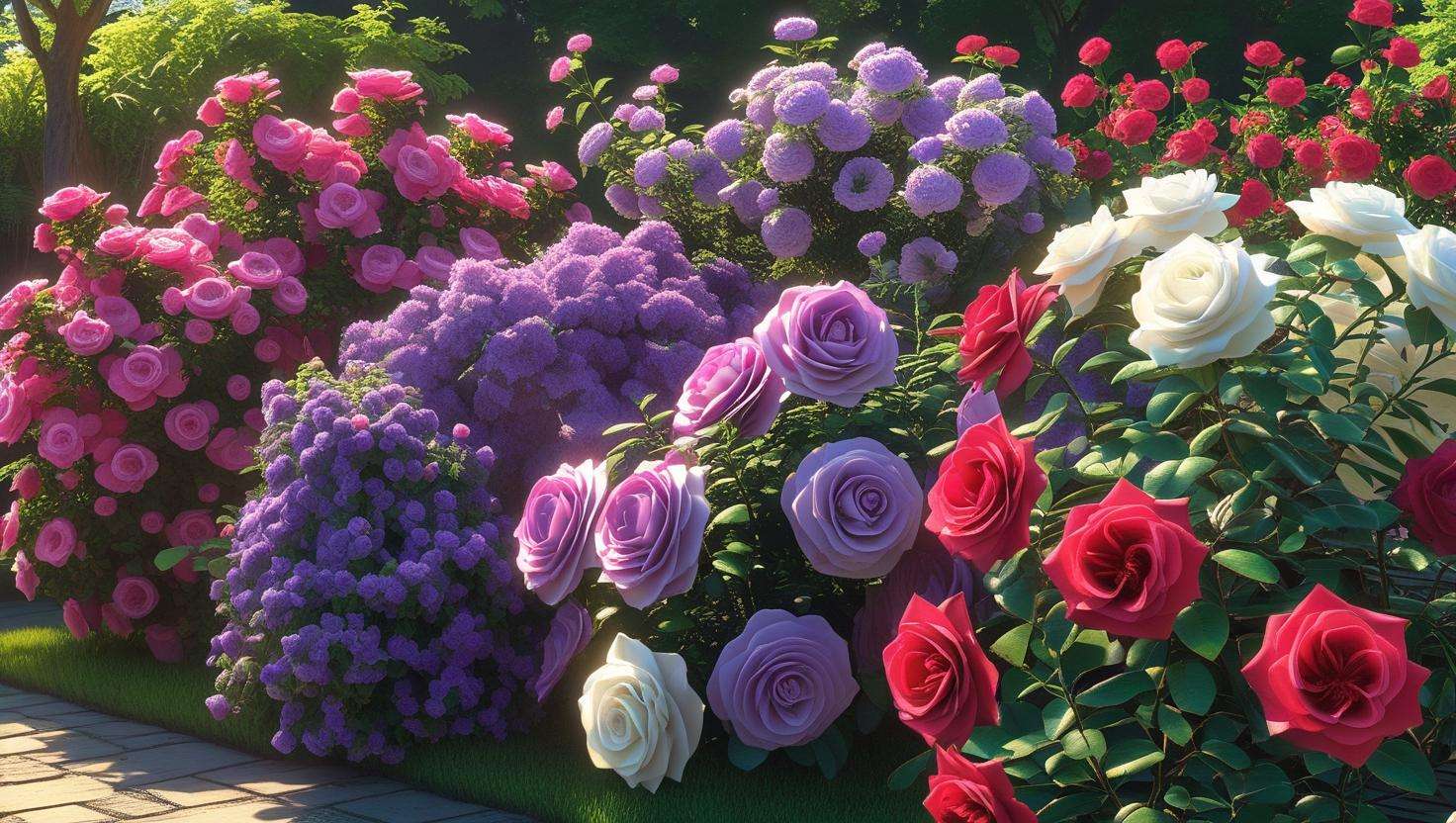 Various flowering shrubs for full sun, including Rose of Sharon, Butterfly Bush, and Knock Out Roses, blooming in a sunny garden